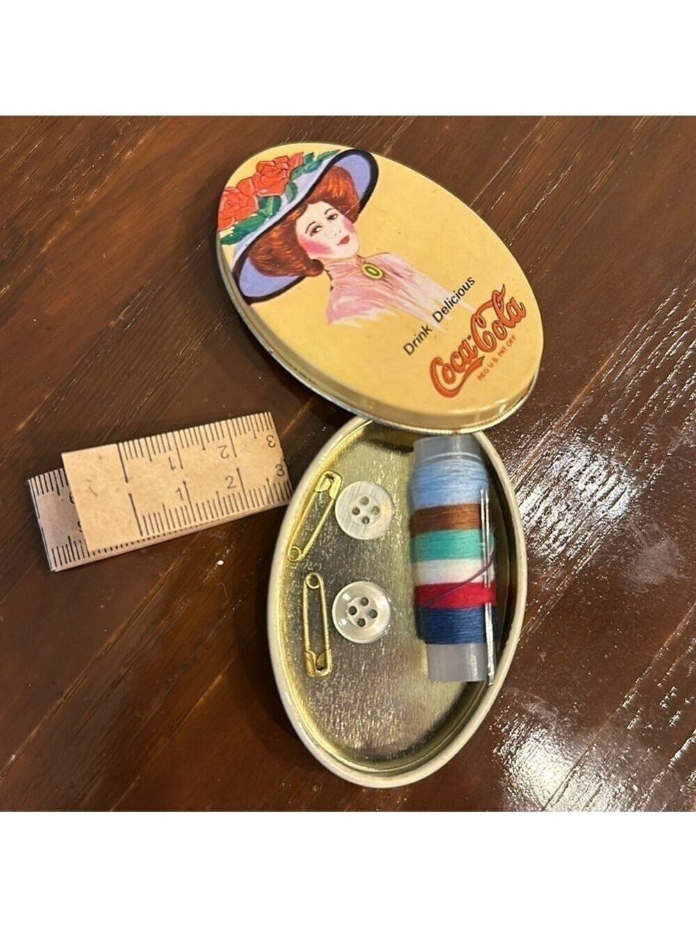 Vintage Rare Coca Cola Sewing Kit in Metal Oval Tin almost Excellent Never used